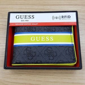 GUESS Mens Black Leather Wallet Bifold Stripe Signature Monogram Logo RFID